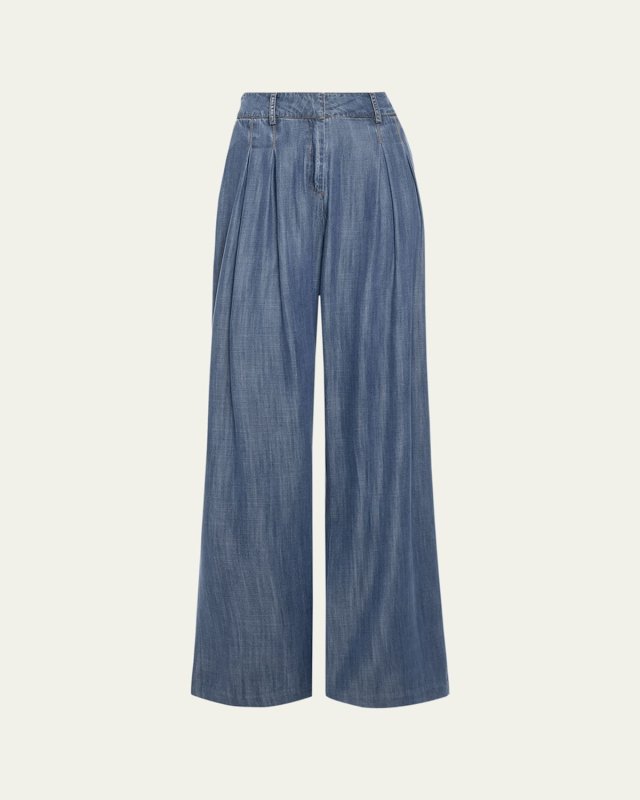 Chambray Pleated Chambray Wide-Leg Trousers
